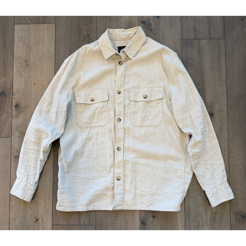HM Mens Large Beige Linen Blend Button Overshirt Shacket Field Utility Pocket L